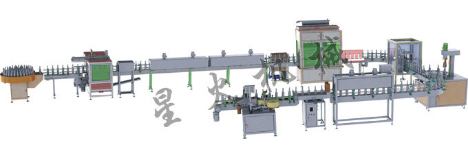 送瓶洗瓶（píng）烘幹8頭灌（guàn）裝封口貼標生產線